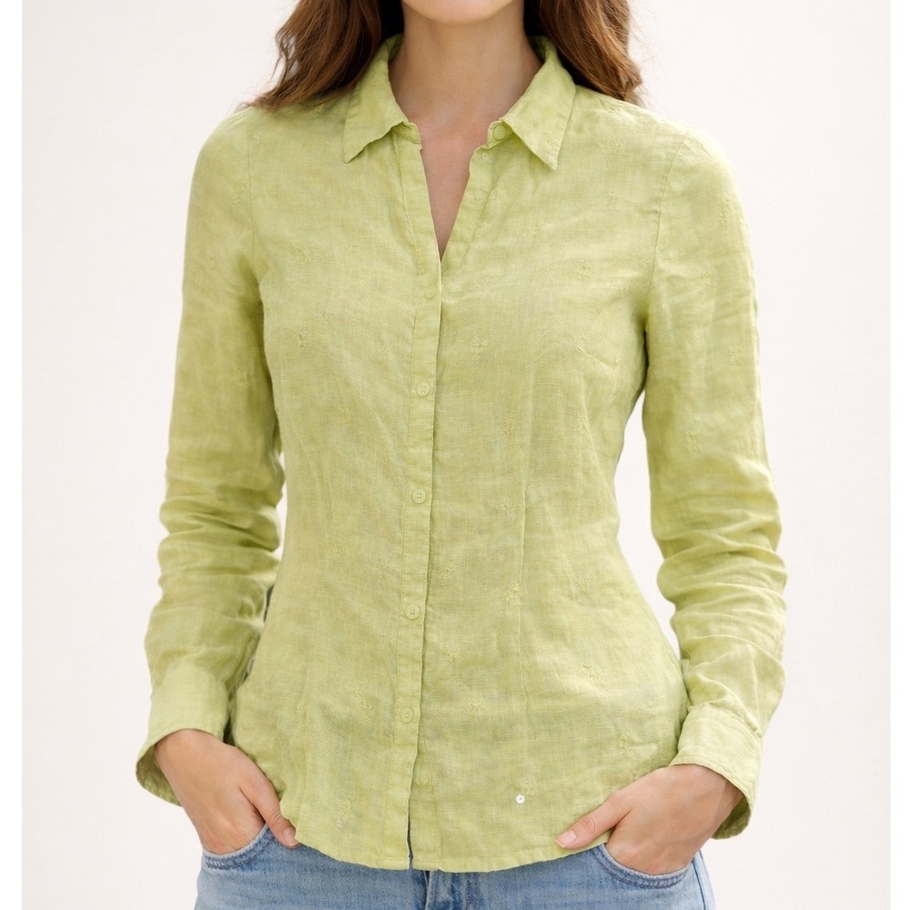 Liz Claiborne Linen Button Down Shirt Lime Green Floral Embroidered Top C1